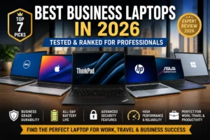 Best business laptops in 2026 featuring Lenovo ThinkPad X1 Carbon, Dell Latitude 7450, MacBook Air M4, HP EliteBook, ASUS ExpertBook, Surface Laptop and Acer Swift Go