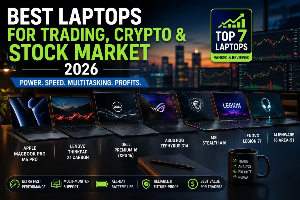 Best laptops for trading crypto and stock market in 2026 featuring MacBook Pro, ThinkPad X1 Carbon, Dell XPS 16, ASUS ROG Zephyrus G14, MSI Stealth A16, Lenovo Legion 7i, and Alienware 16 Area-51