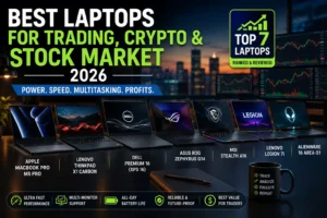 Best laptops for trading crypto and stock market in 2026 featuring MacBook Pro, ThinkPad X1 Carbon, Dell XPS 16, ASUS ROG Zephyrus G14, MSI Stealth A16, Lenovo Legion 7i, and Alienware 16 Area-51