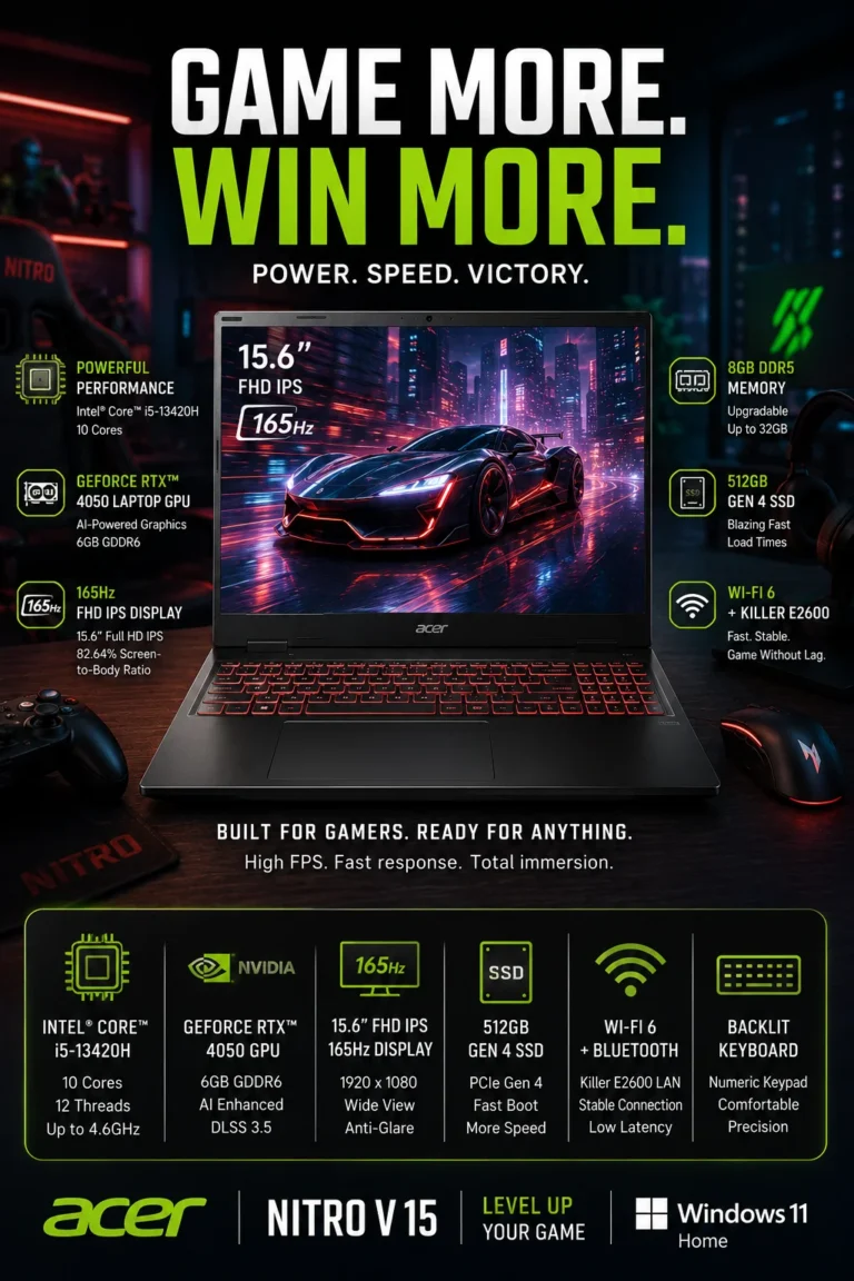 Acer Nitro V gaming laptop with RTX 4050 graphics and 165Hz display