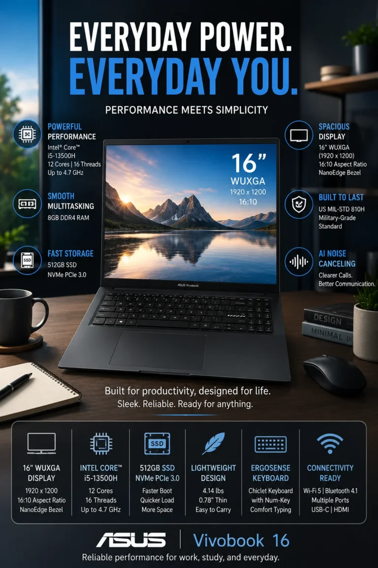 ASUS Vivobook 16 laptop with 16-inch WUXGA display and Intel processor