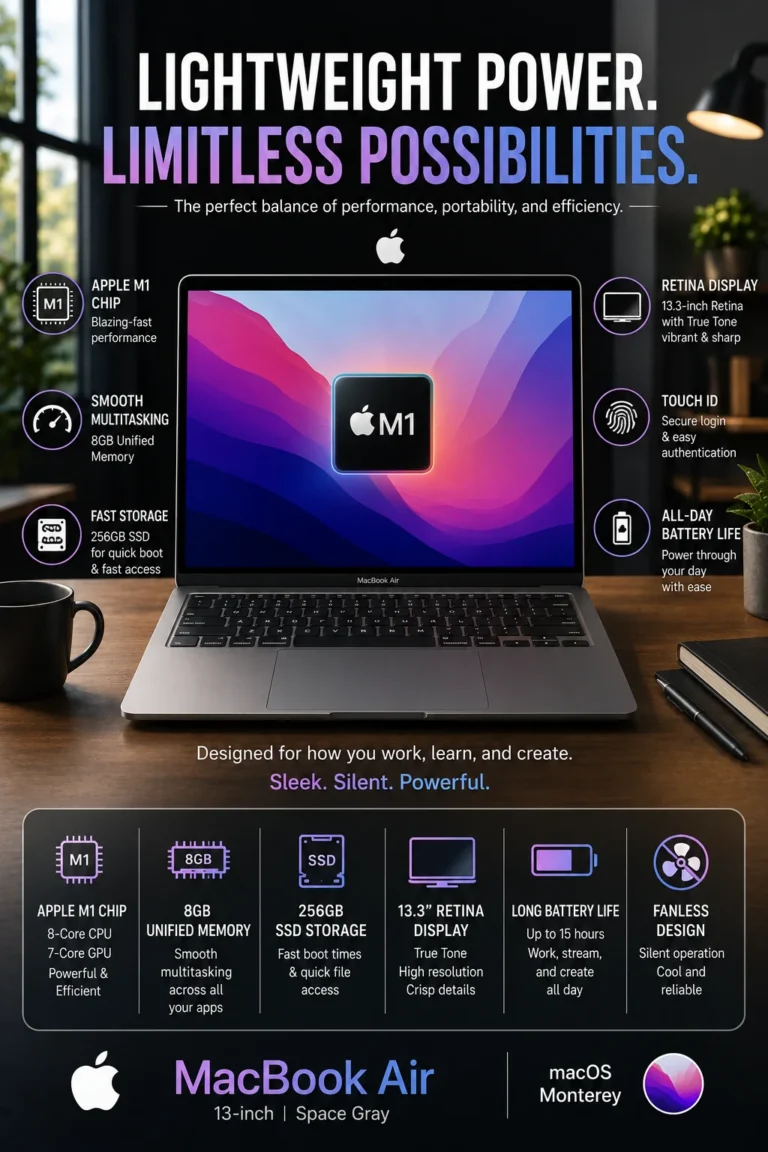 Apple MacBook Air M1 laptop with Retina display and long battery life
