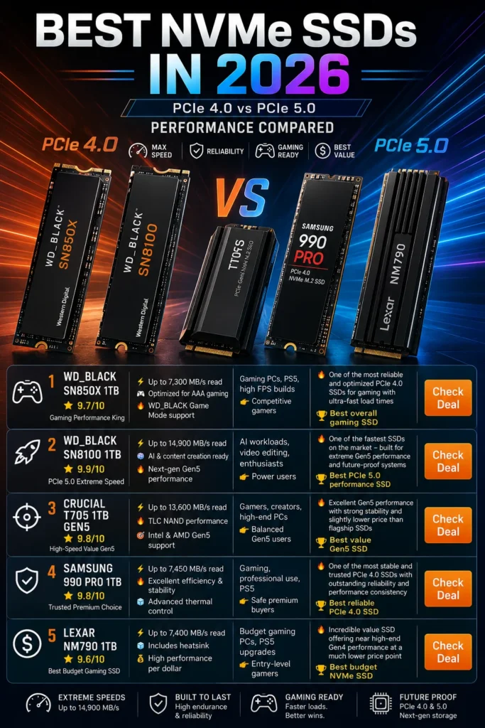 Best NVMe SSDs 2026 comparison PCIe 4.0 vs PCIe 5.0 for gaming speed and performance