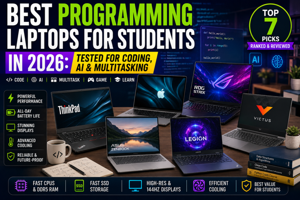 Best programming laptops for students in 2026 featuring MacBook Air, ThinkPad E14, ASUS Zenbook S 16, Dell XPS 16, ROG Strix G16, Lenovo LOQ, and HP Victus for coding, AI, and multitasking.