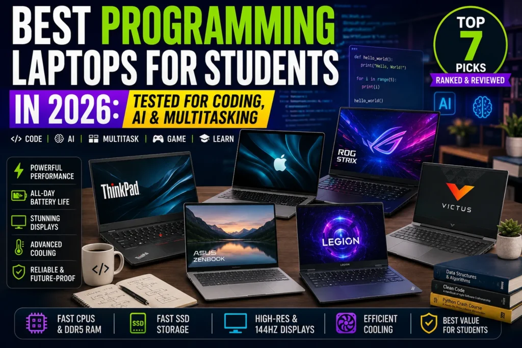 Best programming laptops for students in 2026 featuring MacBook Air, ThinkPad E14, ASUS Zenbook S 16, Dell XPS 16, ROG Strix G16, Lenovo LOQ, and HP Victus for coding, AI, and multitasking.