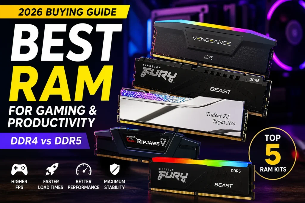 Best RAM 2026 comparison DDR4 vs DDR5 showing top gaming memory kits for performance and productivity builds