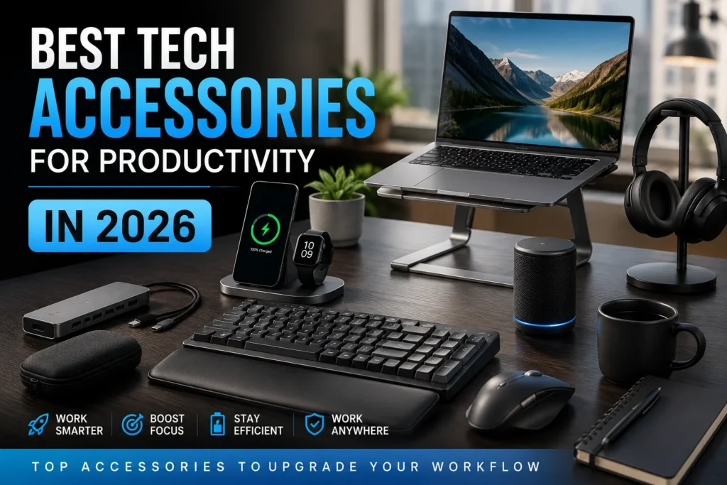 Best tech accessories for productivity in 2026 including AirPods Pro, Echo Dot, Fire TV Stick, Anker charger and Apple AirTag on a modern desk setup