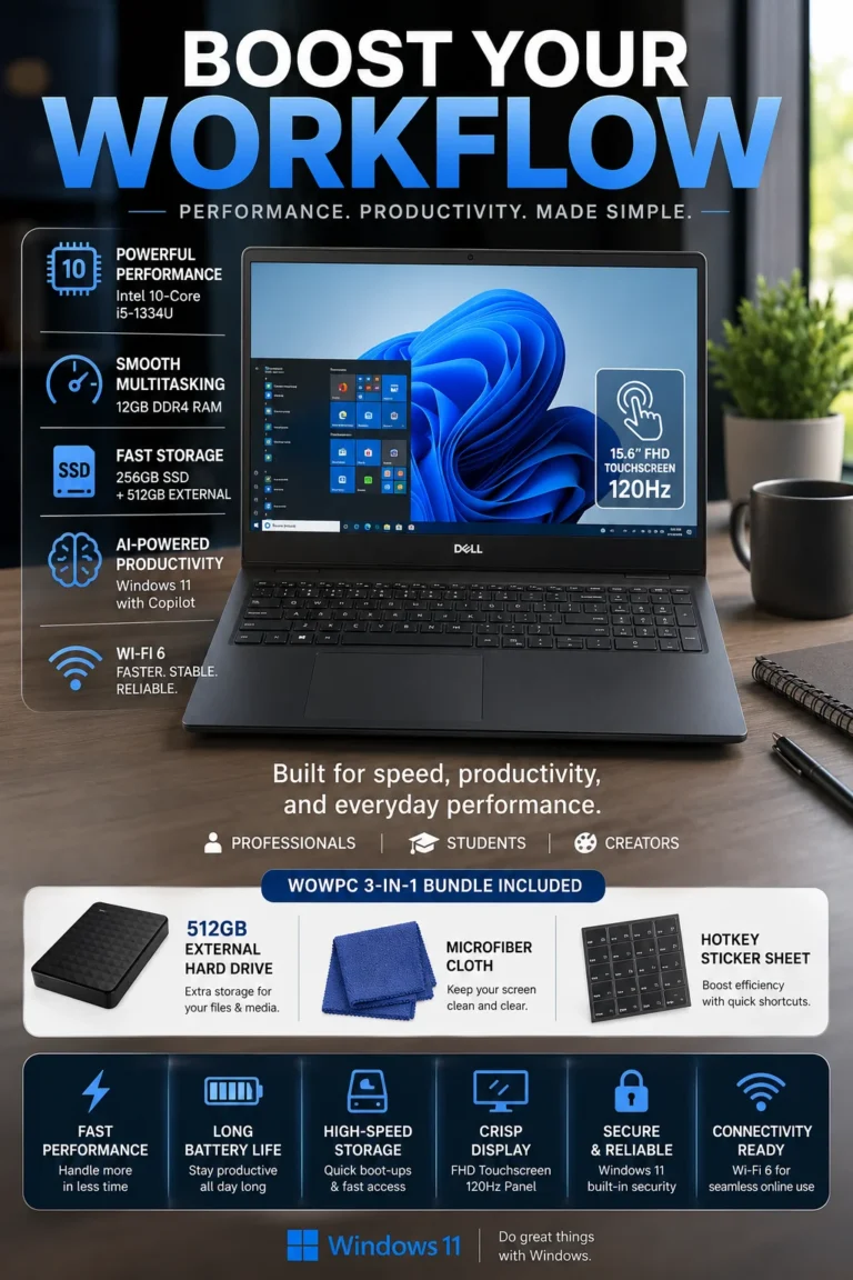 Dell Inspiron 15 laptop with 120Hz touchscreen, 12GB RAM, and 13th Gen Intel Core i5 processor, featured as a premium budget laptop under $500 in 2026.