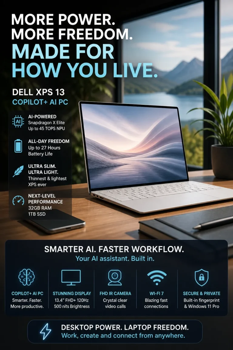 Modern workspace with an AI-powered laptop designed for multitasking, productivity, and efficient workflows in a clean environment