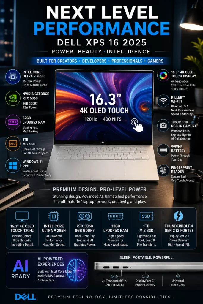 Dell XPS 16 2025 laptop with 4K OLED display, Intel Core Ultra 9, and RTX graphics for programming, AI, and multitasking.