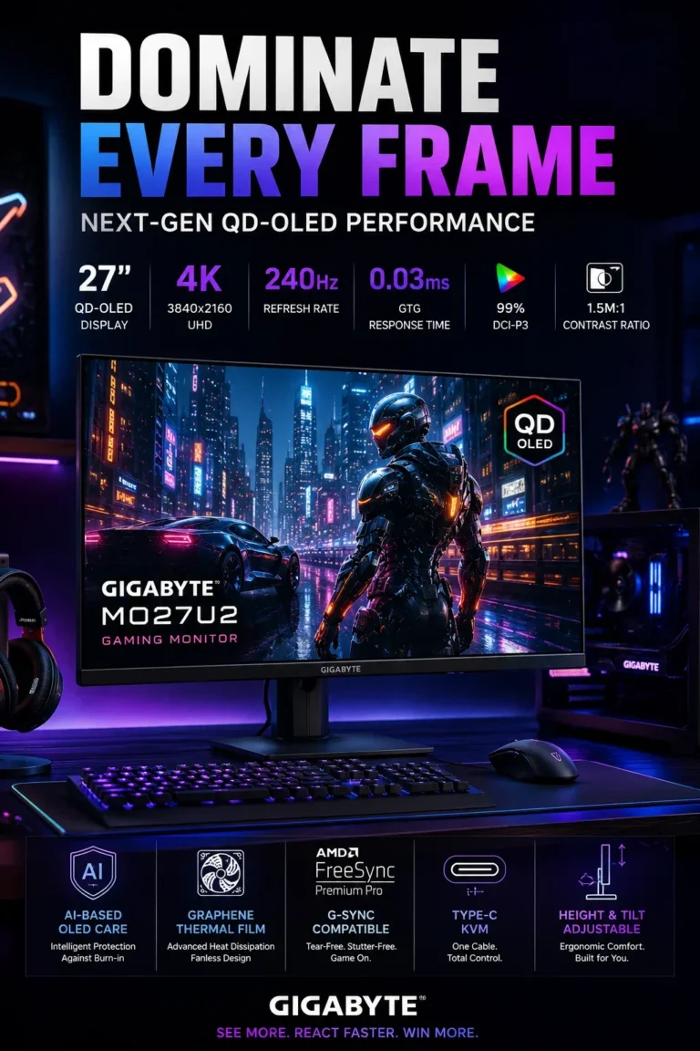 GIGABYTE MO27U2 27-inch QD-OLED 4K 240Hz gaming monitor with HDR and USB-C connectivity