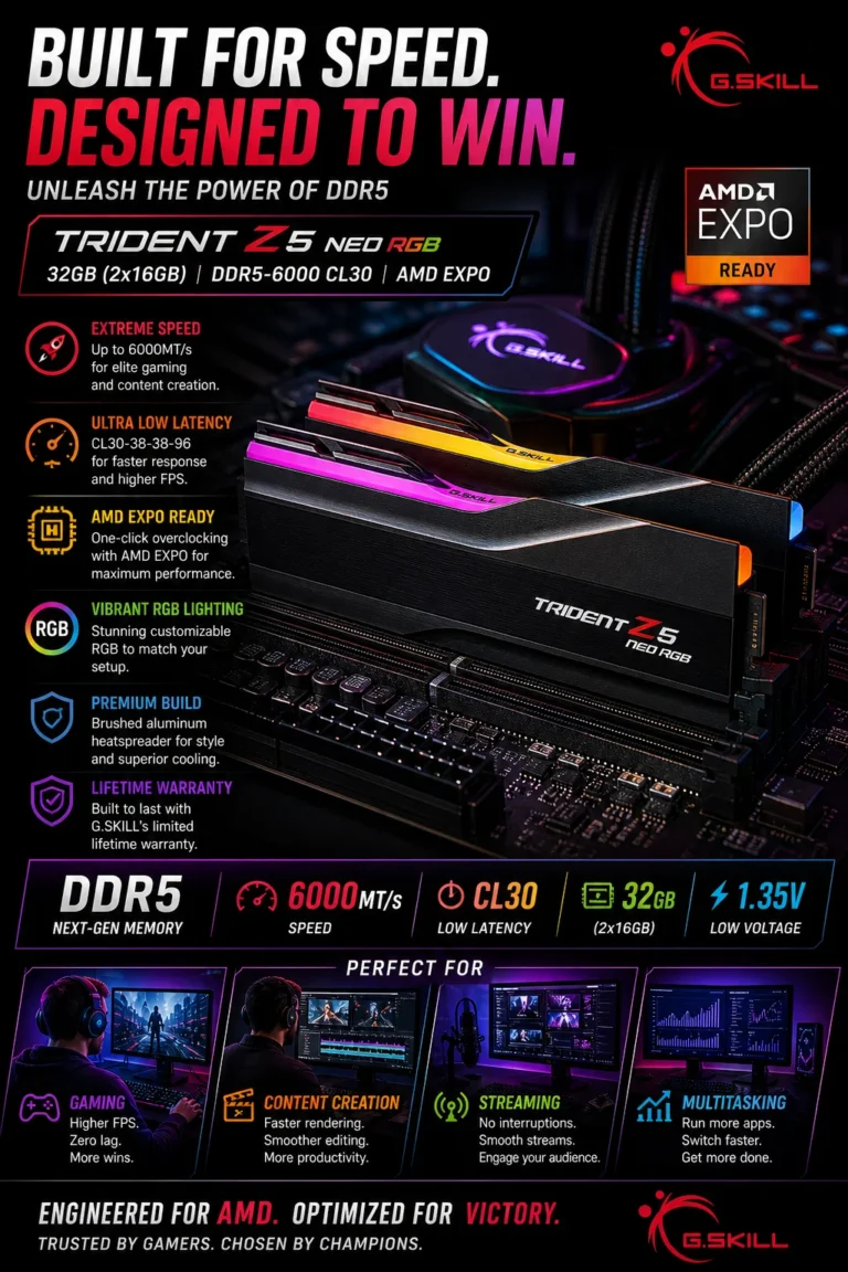 G.SKILL Trident Z5 Neo RGB 32GB DDR5 6000MHz RAM kit optimized for AMD Ryzen systems