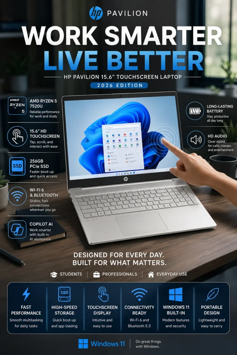 HP Pavilion 15 laptop with AMD Ryzen 5 processor, 8GB DDR5 RAM, and Full HD touchscreen display, highlighted as the best value laptop under $500 in 2026.