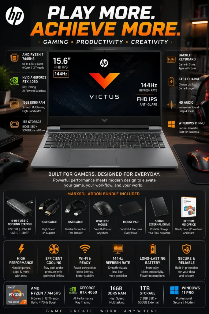 HP Victus 15 gaming laptop with Ryzen 7 processor and RTX 4050 graphics for programming students and multitasking.