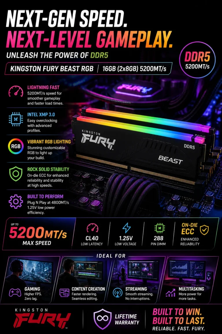 Kingston FURY Beast RGB 16GB DDR5 5200MHz RAM with RGB lighting for gaming PCs