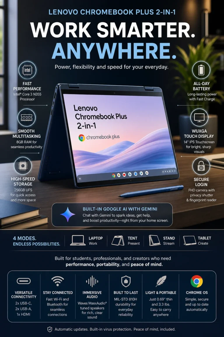Lenovo Chromebook Plus 2-in-1 touchscreen laptop for students and school productivity