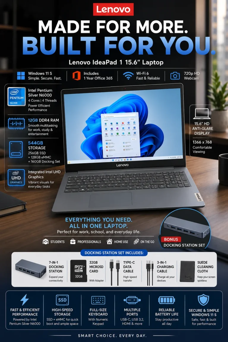 Lenovo IdeaPad 1 laptop with 12GB RAM, 544GB total storage, and 15.6-inch display, highlighted as the best storage laptop under $500 in 2026.