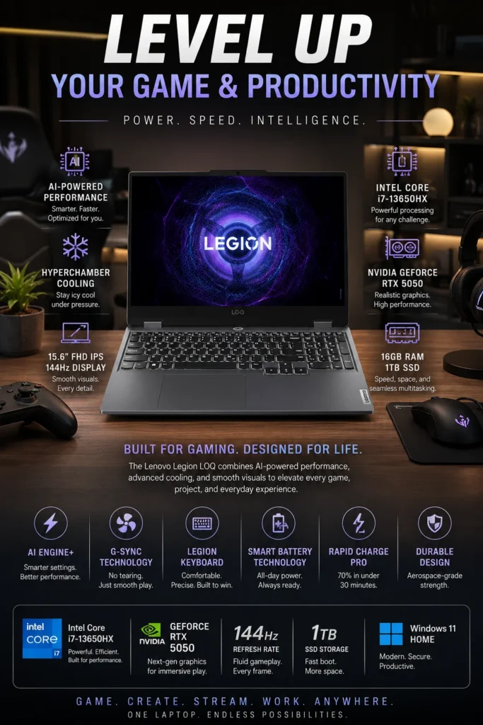 Lenovo Legion LOQ gaming laptop with Intel Core i7 processor and RTX graphics for coding, gaming, and multitasking.