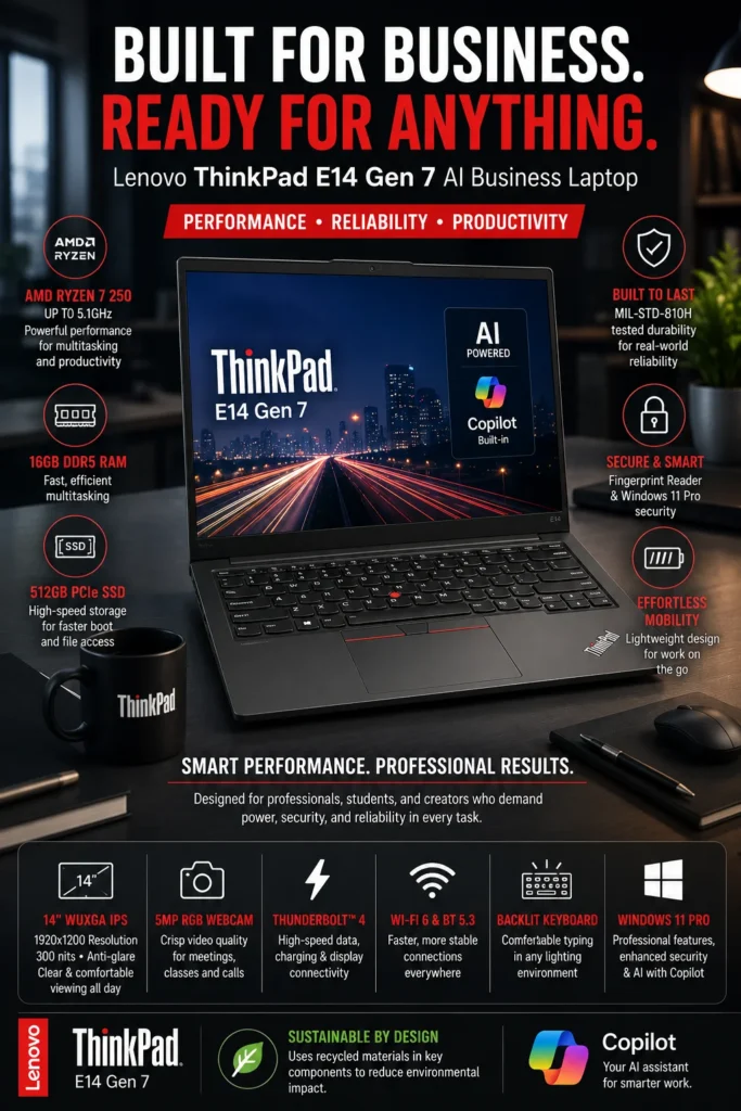 Lenovo ThinkPad E14 Gen 7 business laptop with Ryzen processor, backlit keyboard, and durable design for coding and software development.