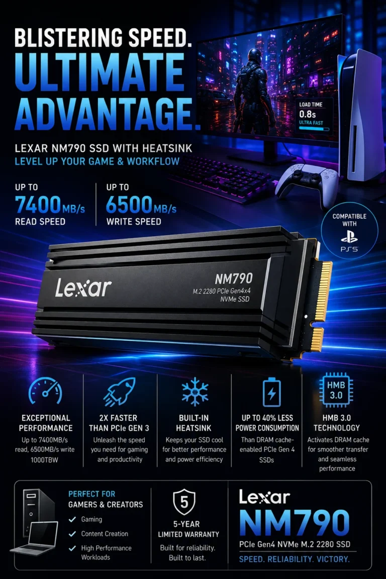 Lexar NM790 1TB NVMe SSD with heatsink for gaming PC and PlayStation 5 storage