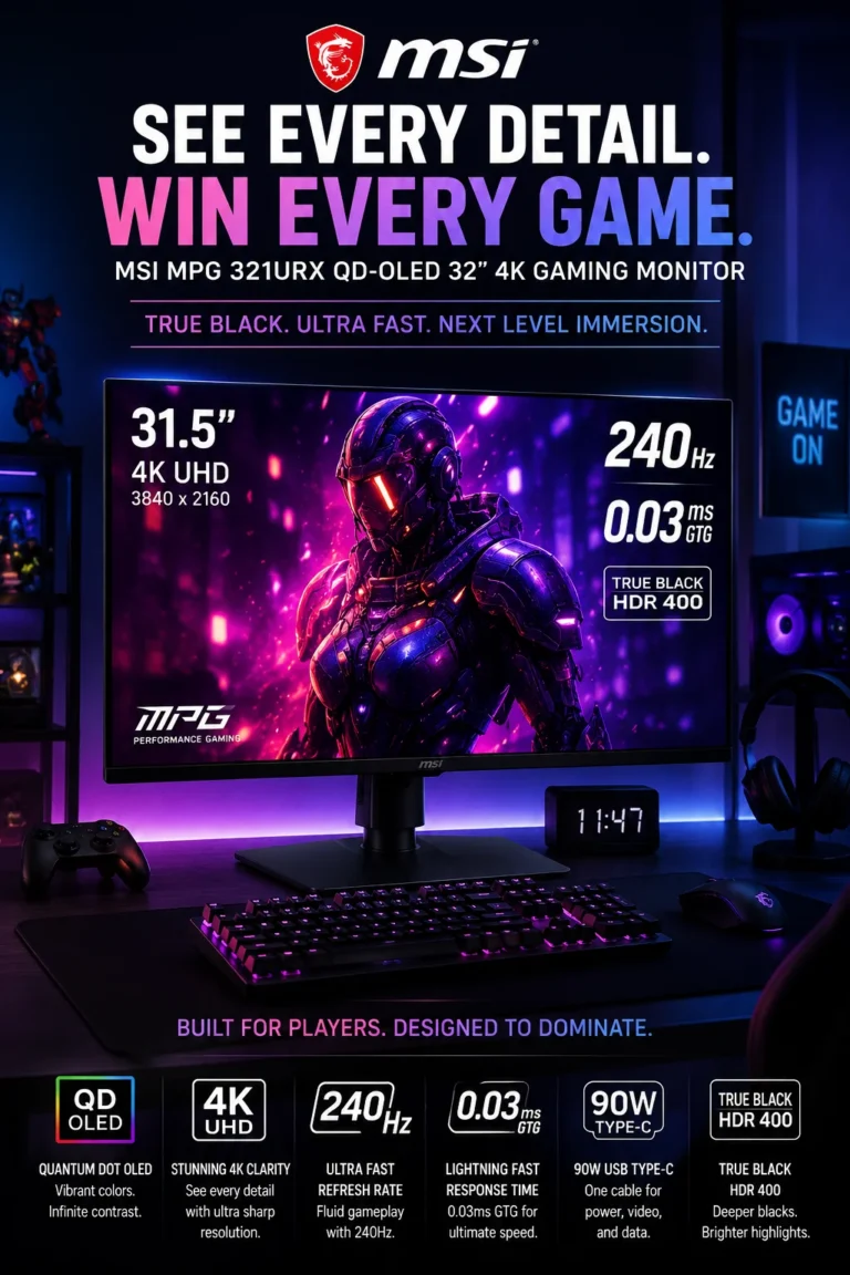 MSI MPG 321URX QD-OLED 32-inch 4K 240Hz gaming monitor with OLED display and HDR performance