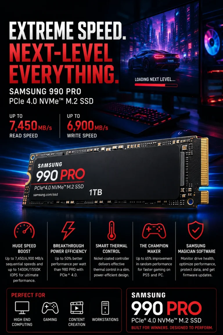 Samsung 990 PRO 1TB NVMe SSD PCIe 4.0 fast storage for gaming and professional use