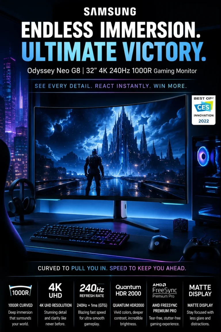 Samsung Odyssey Neo G8 curved 4K 240Hz gaming monitor with Quantum HDR2000 and Mini LED technology
