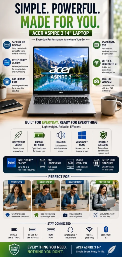 Acer Aspire 3 laptop with Intel Core i3 processor and Full HD display for students