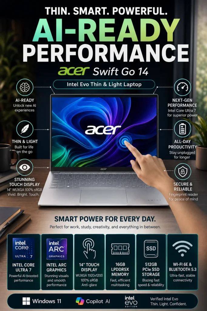 Acer Swift Go 14 with Intel Core Ultra 7 processor, touchscreen display and AI capabilities.