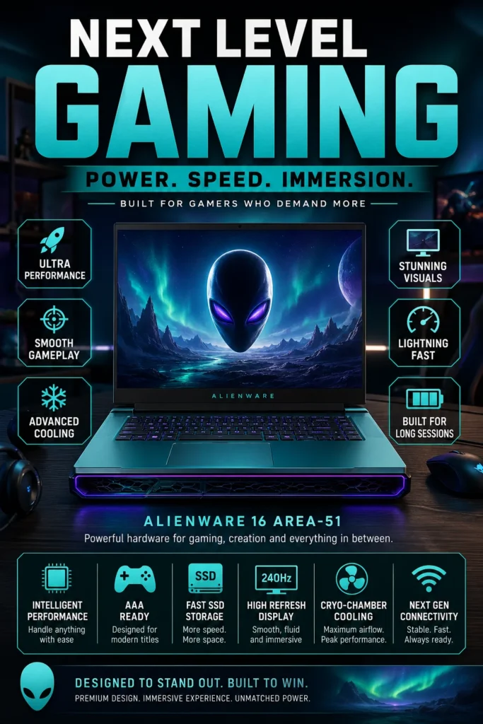 Alienware 16 Area-51 gaming laptop with RTX 5070 Ti, Intel Ultra 9 processor, 16-inch WQXGA 240Hz display, high-performance gaming laptop 2026
