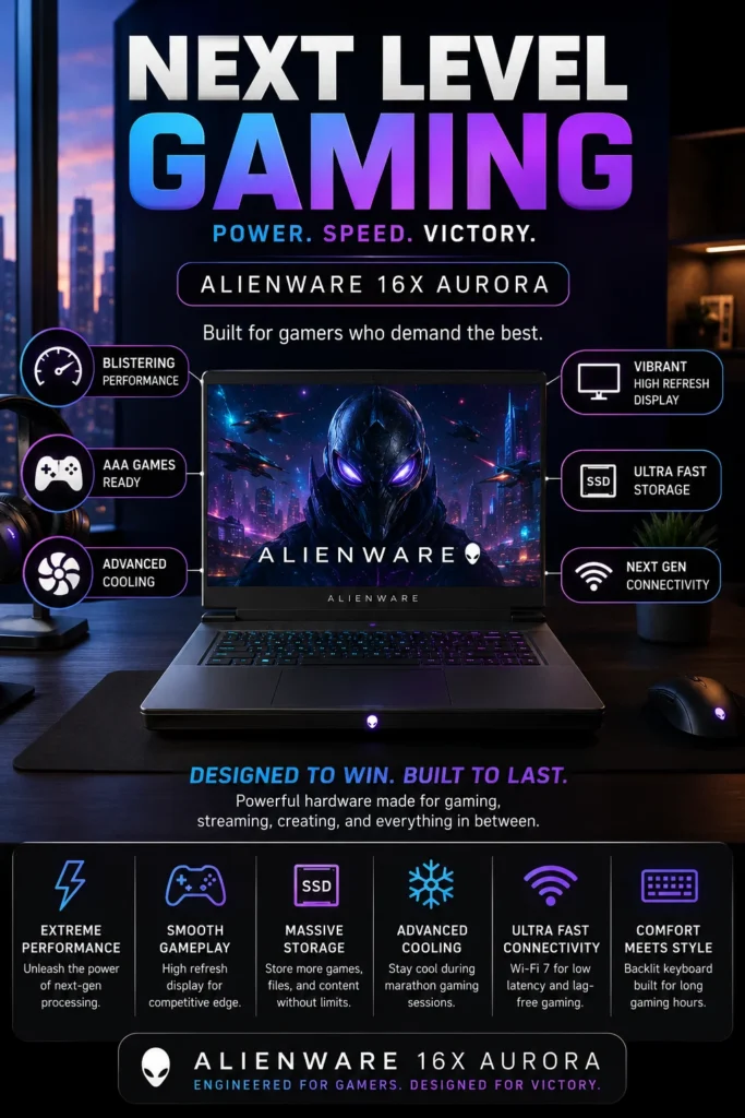 Alienware 16X Aurora gaming laptop with RTX 5070, Intel Ultra 9 275HX processor, 16-inch WQXGA display, AI gaming laptop 2026