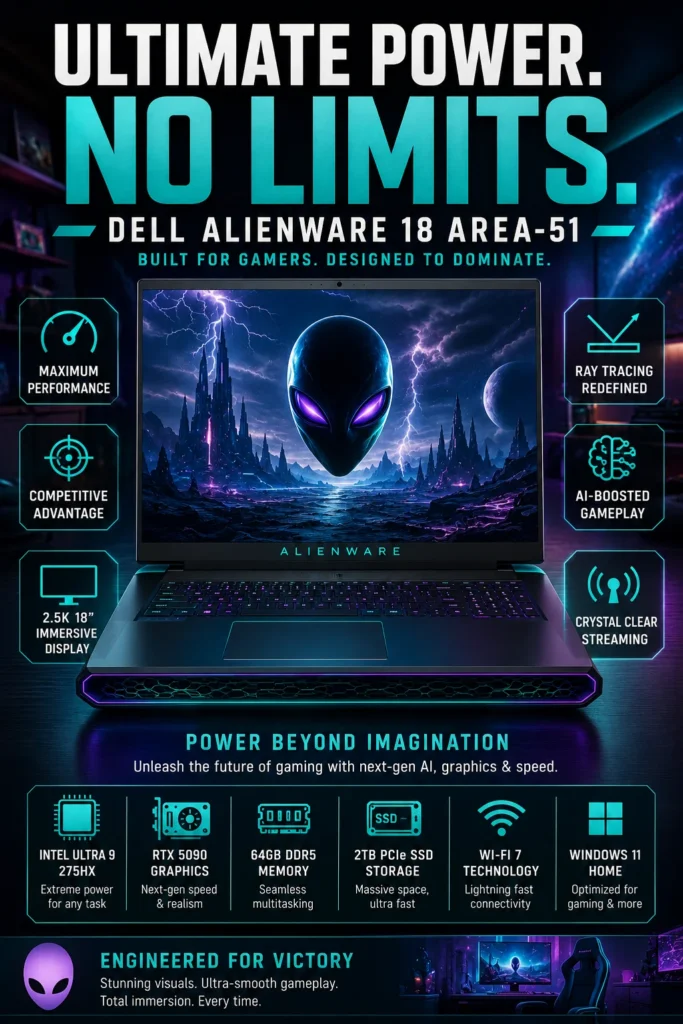 Alienware 18 inch gaming laptop with RTX 5090, Intel Ultra 9 processor, 64GB RAM, 2.5K WQXGA display, extreme performance gaming laptop 2026