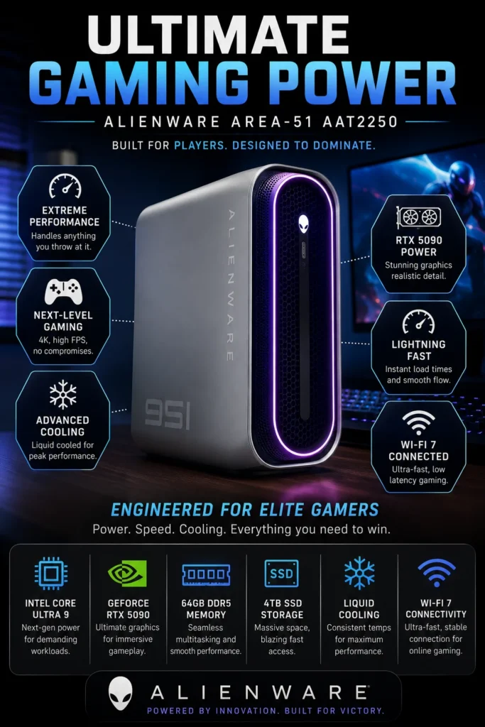 Alienware Area-51 gaming desktop with Intel Ultra 9 285K, RTX 5090 32GB GPU, 64GB RAM, liquid cooled high-end gaming PC 2026