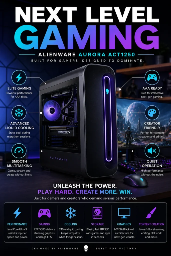 Alienware Aurora ACT1250 gaming desktop with RTX 5080, Intel Ultra 9 processor, liquid cooling, 32GB RAM, high-performance PC 2026