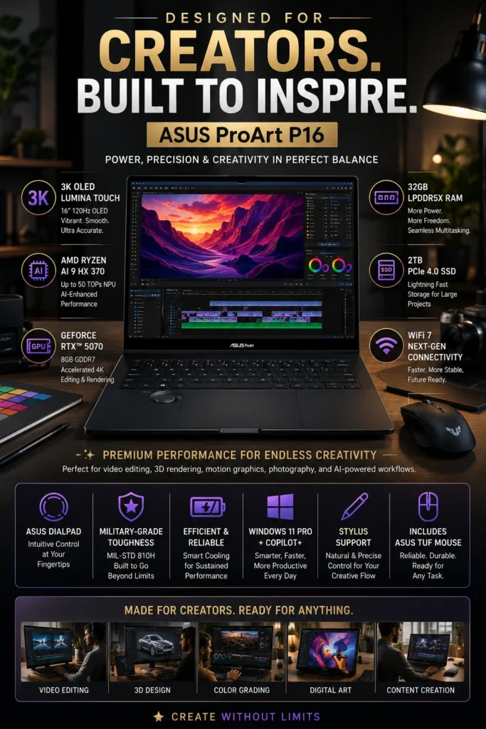ASUS ProArt P16 creator laptop with OLED display and RTX 5070 graphics
