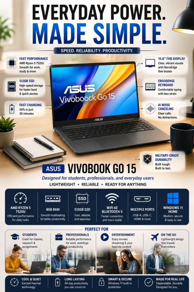 ASUS Vivobook Go 15 laptop with Ryzen 5 processor and Full HD display for students