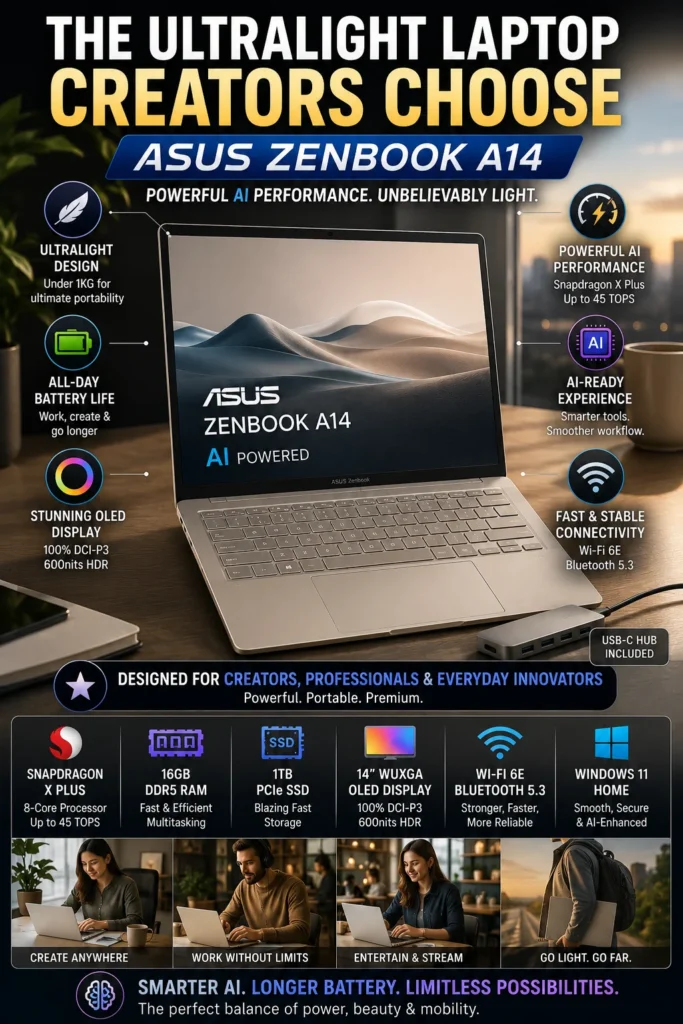 ASUS Zenbook A14 ultralight Copilot+ laptop with Snapdragon X processor and OLED display.