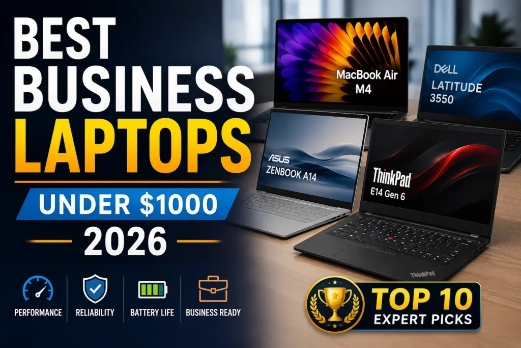 Top 10 best business laptops under $1000 in 2026 including ThinkPad, MacBook Air, Dell Latitude, ASUS Zenbook and HP laptops for work and productivity.
