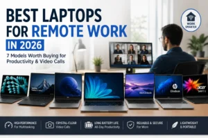 Best laptops for remote work in 2026 including MacBook Air M5, ThinkPad X1 Carbon, Dell Latitude, Dell XPS 13 and ASUS Zenbook for productivity and video calls.