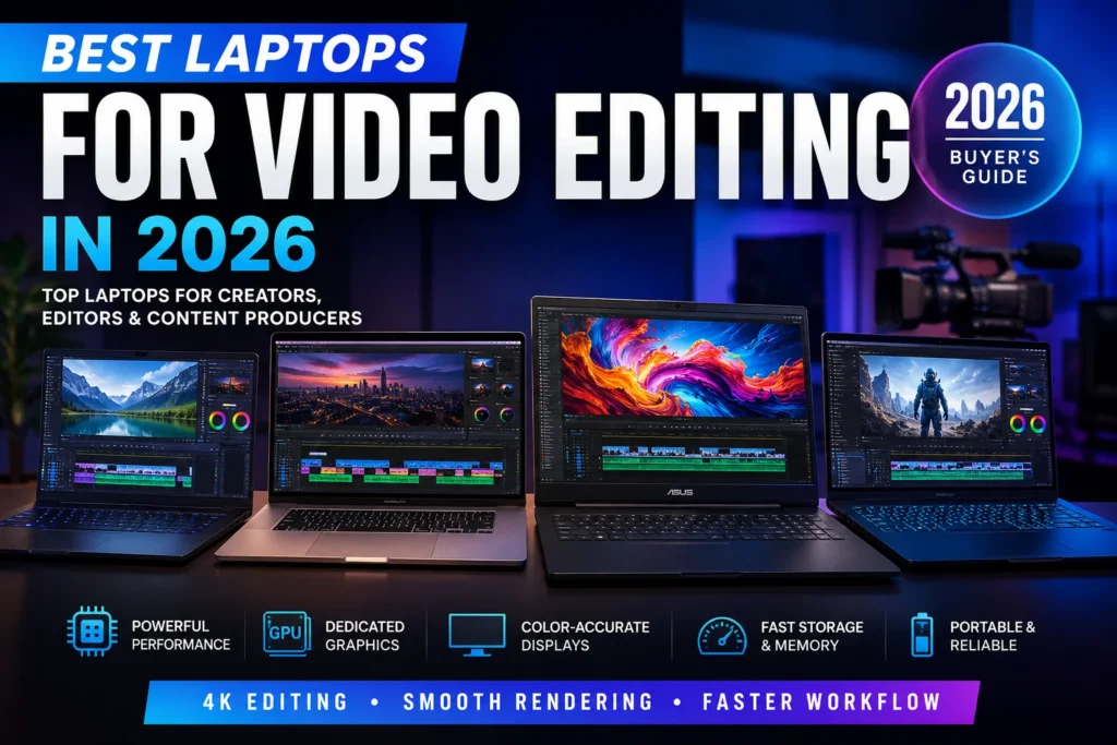 Best laptops for video editing in 2026 including MacBook Pro M4, ASUS ProArt P16, Dell XPS 16, MacBook Air M4, Lenovo LOQ, Acer Nitro V and HP Victus 15