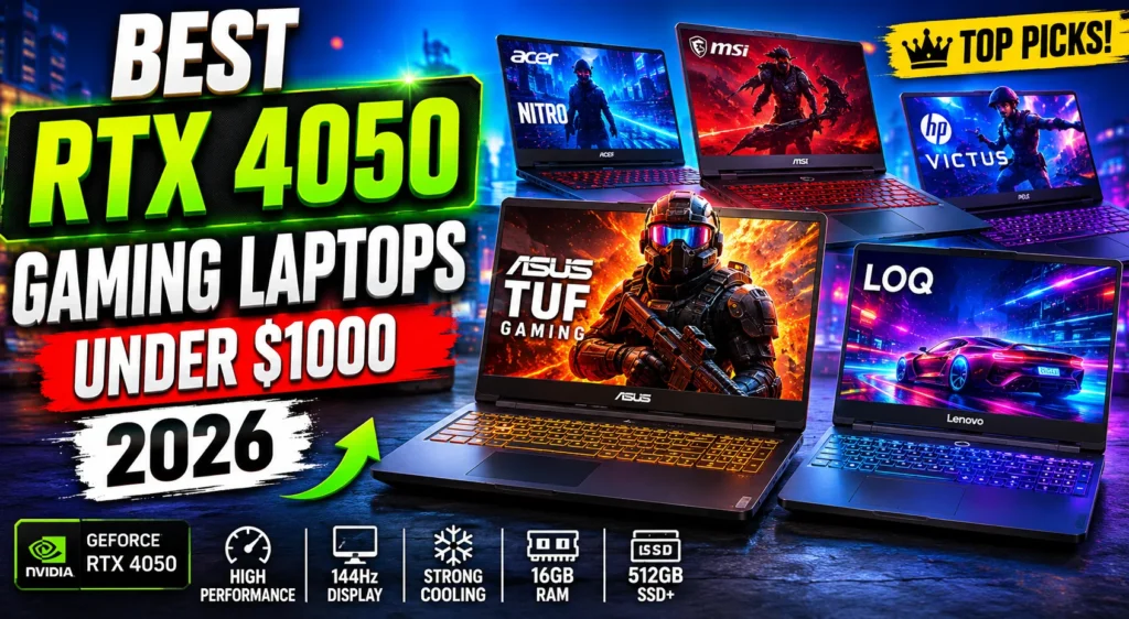 Best RTX 4050 gaming laptops under $1000 in 2026 featuring ASUS TUF Gaming A16, Lenovo LOQ, Acer Nitro V, HP Victus 15 and MSI gaming laptops