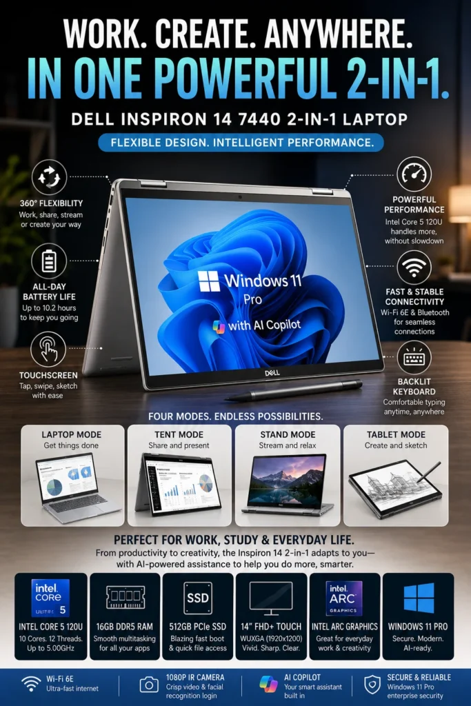 Dell Inspiron 14 7440 convertible laptop with touchscreen display and Intel Core 5 processor.