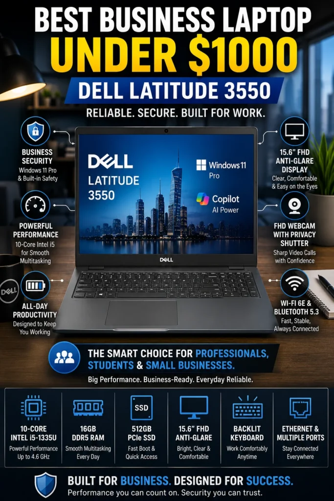 Dell Latitude 3550 business laptop featuring Intel Core i5, 16GB DDR5 RAM and Windows 11 Pro.