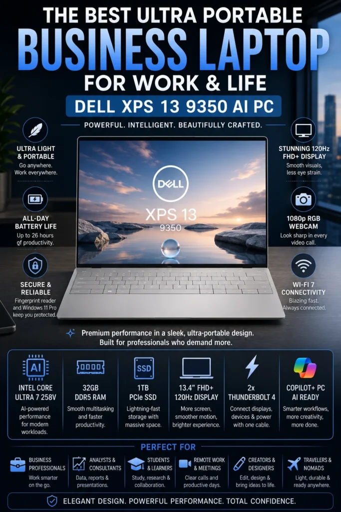 Dell XPS 13 Snapdragon X Plus laptop for remote work productivity and AI powered multitasking.