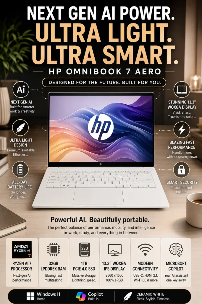 HP OmniBook 7 Aero AI laptop with Ryzen AI 7 processor, 32GB RAM and 1TB SSD.