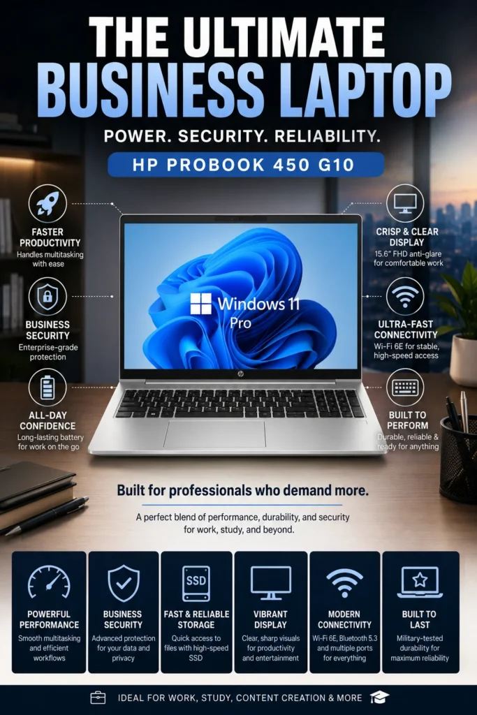 HP ProBook 450 G10 business laptop with Intel Core i5 and Windows 11 Pro.