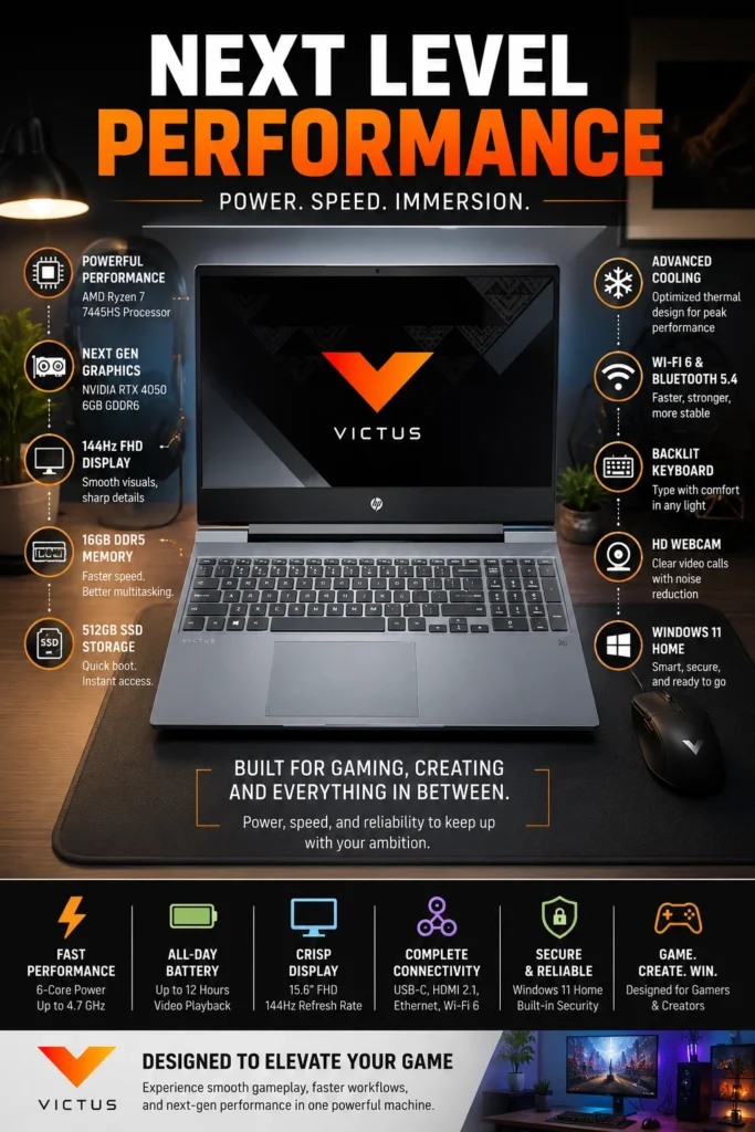 HP Victus 15 gaming laptop with Ryzen 7 processor and RTX 4050 graphics