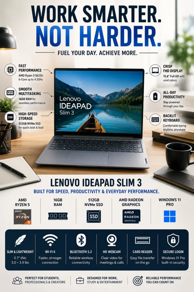 Lenovo IdeaPad Slim 3 laptop with Ryzen 5 processor and 16GB RAM for students and productivity in 2026