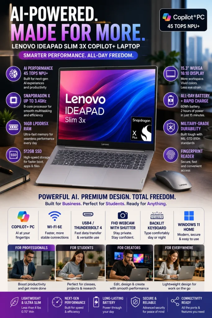 Lenovo IdeaPad Slim 3X Copilot Plus laptop with Snapdragon X processor and AI features