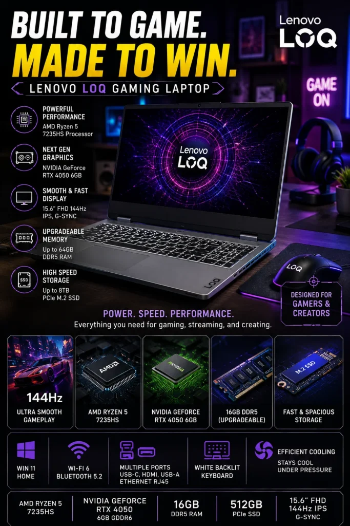 Lenovo LOQ gaming laptop with RTX 4050 graphics and 144Hz display